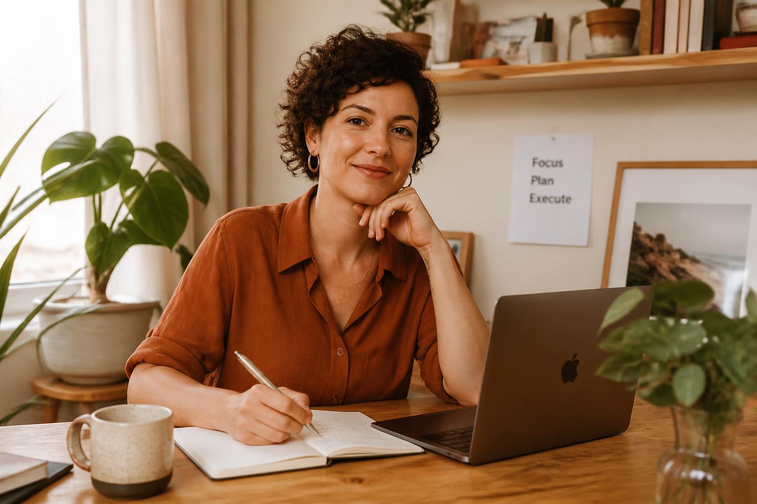 A woman veteran sitting confidently at her home office desk in warm natural light