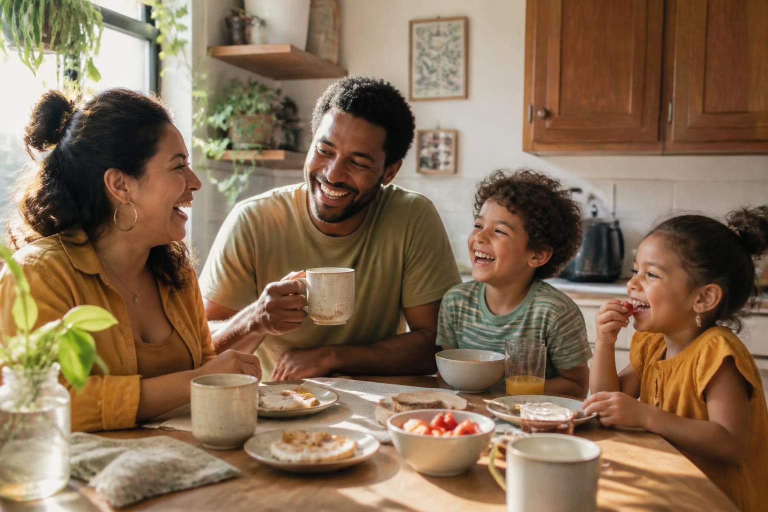 A veteran laughing with his wife and two young children around a sunlit kitchen table