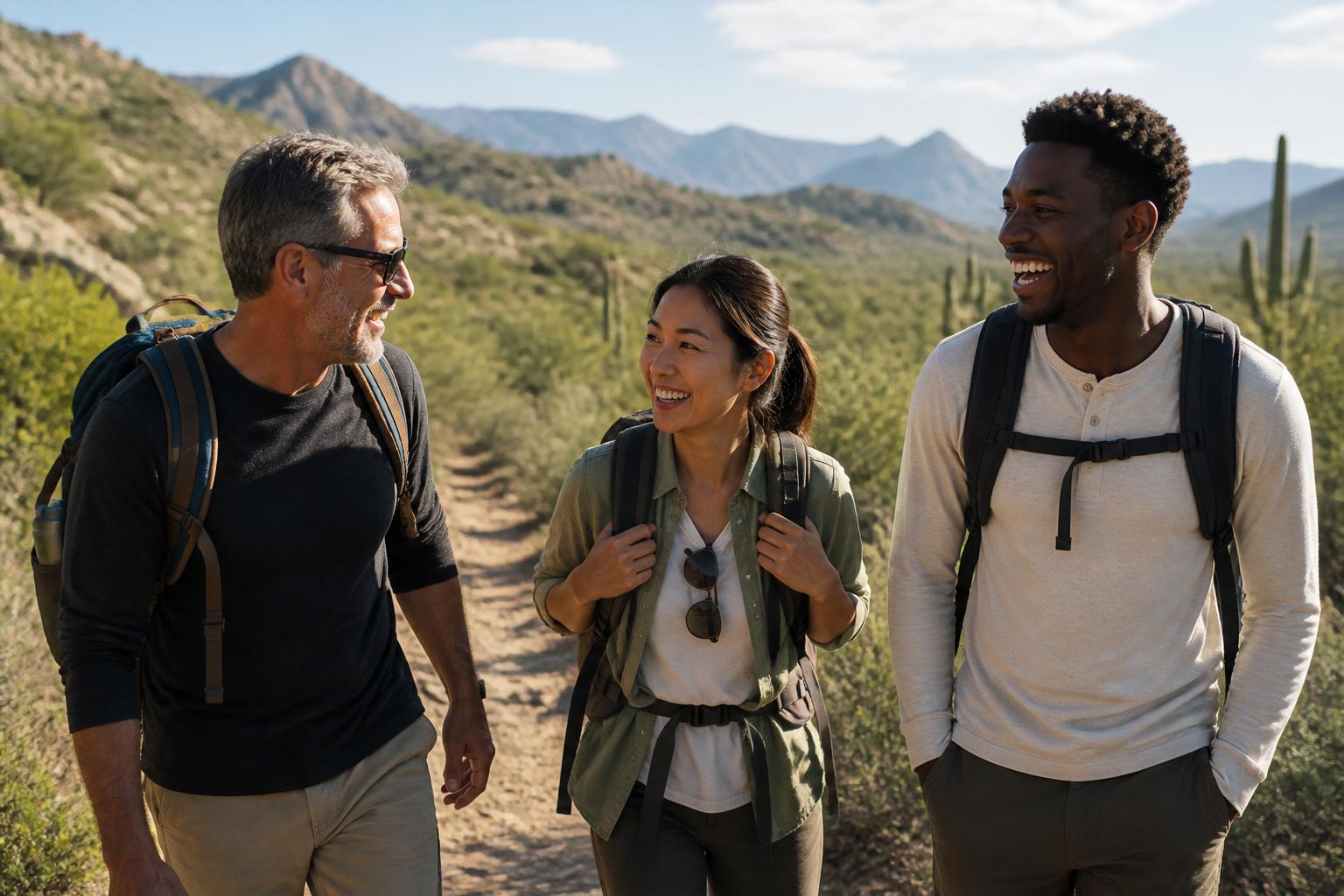 Three veterans of different ages and backgrounds laughing together while hiking a sunlit Arizona desert trail